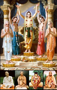 Devotional artwork showing five garlanded figures with raised arms on a temple-like altar, with five small portraits of seated elders below.