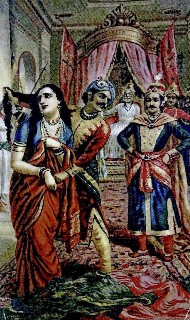 Painting of a dramatic royal court scene: a woman in a red sari is seized by the hair by a warrior while courtiers in ornate attire watch beneath a canopy in a palace.
