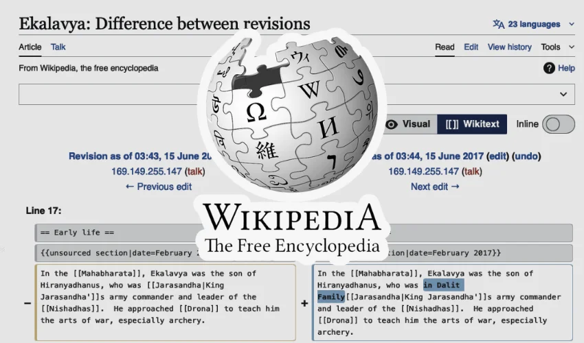 Wikipedia interface showing the 'Ekalavya: Difference between revisions' diff view with edit highlights and the puzzle-globe logo centered; used by Cohna Blog to explore funding behind Hindu narratives.