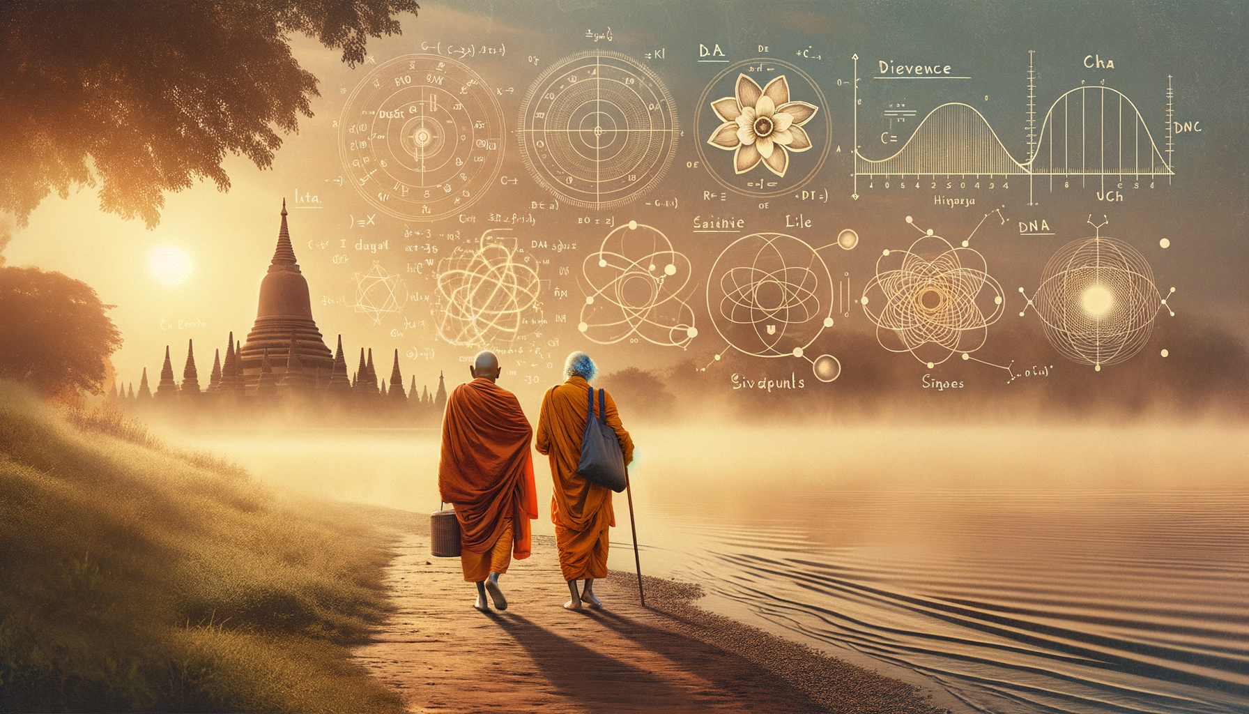 Two monks in orange robes walk along a misty riverside at sunrise toward a pagoda, while translucent diagrams of atoms, geometry, and a lotus hover in the sky, blending science with spirituality.