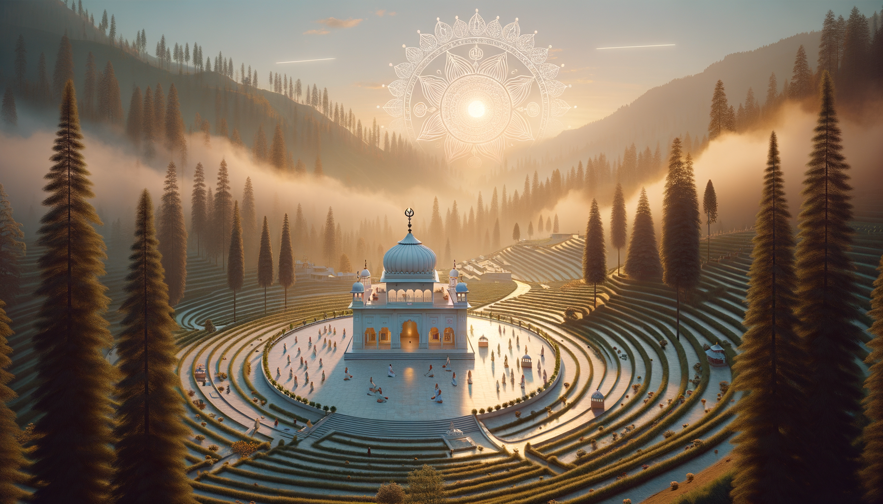 Sunlit domed sanctuary in a terraced mountain valley, ringed by tall pines and soft mist. Visitors meditate across a circular plaza beneath a glowing mandala-like sun at sunrise.