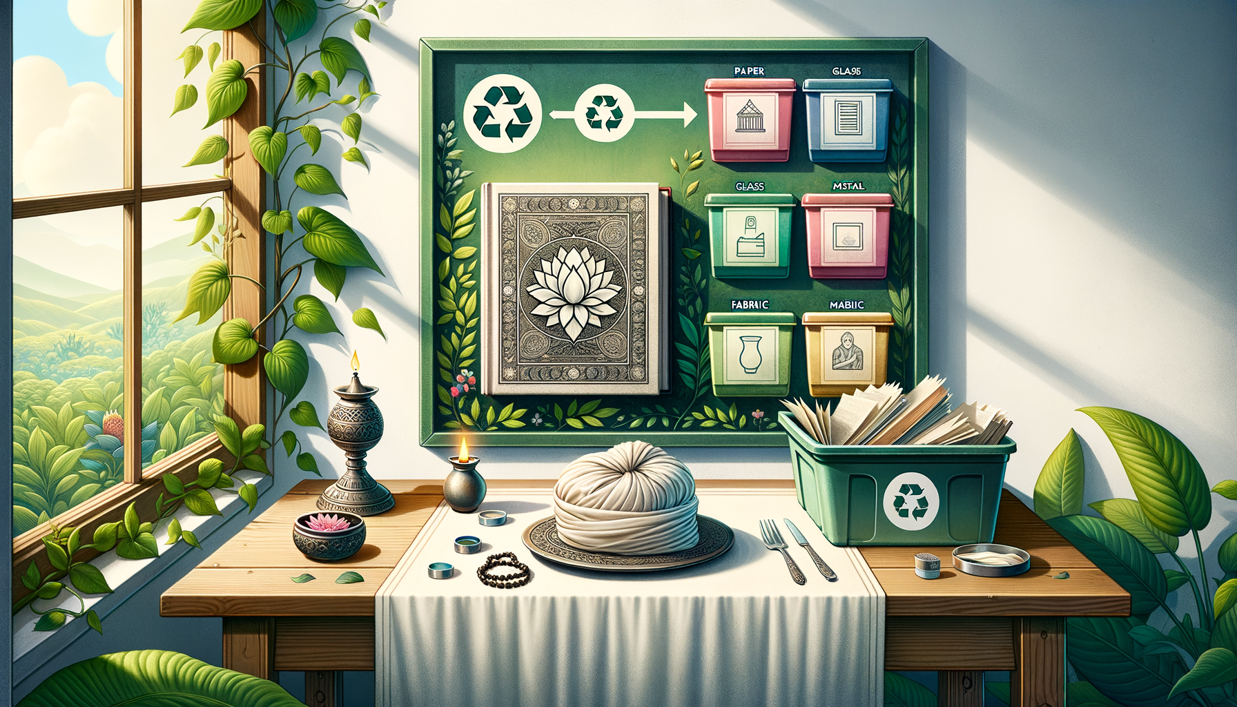 Sunlit eco studio with vines, a chalkboard recycling guide, color bins for paper, glass, metal, and fabric, a lotus-embossed book, candles, utensils, and a green crate of sorted papers.