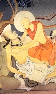 Traditional Indian miniature painting showing a robed ascetic with a halo supporting a reclining elder beneath a tree, both holding prayer beads; a compassionate moment from a religious artwork.