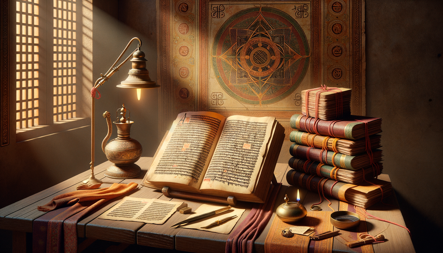 Sunlit desk with open illuminated manuscript, stacked leather-bound volumes, brass oil lamp, inkwell and quills, and geometric wall art—an intimate medieval study, {post.categories}