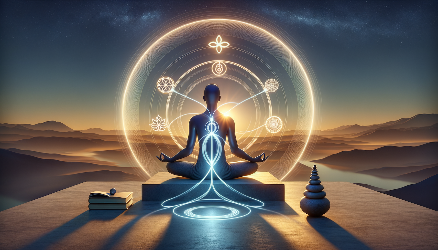 Sunrise scene of a person meditating on a mountain terrace, glowing lines along the spine and circular chakra symbols, with stacked stones and a book—evoking mindfulness, yoga, spirituality, and wellness.
