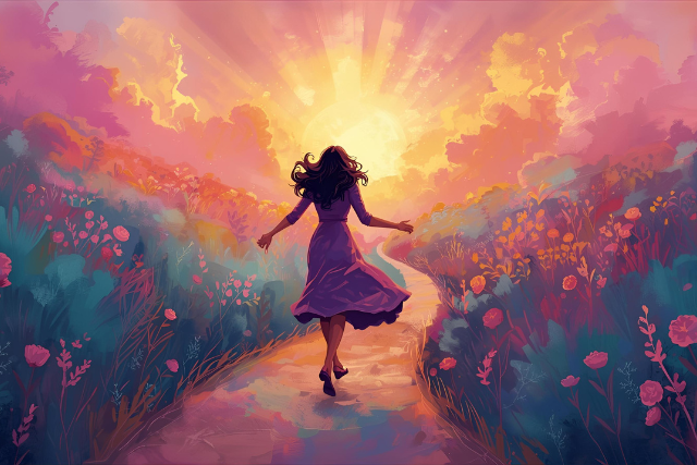 Silhouette of a woman in a flowing dress on a winding path, moving through vibrant wildflowers toward a radiant sunrise, symbolizing midlife freedom, joy, passion, and wisdom for a reflective blog.