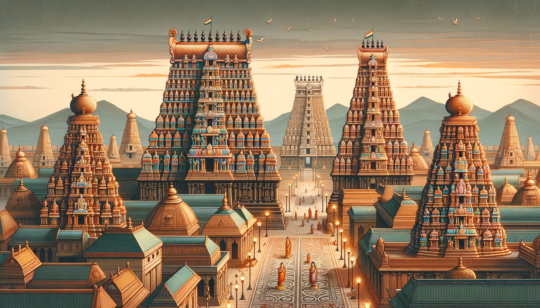 Golden-hour view of a South Indian temple complex with towering gopurams, carved deities, domed sanctums, and pilgrims on a lamp-lined avenue before misty hills—classic Dravidian architecture.