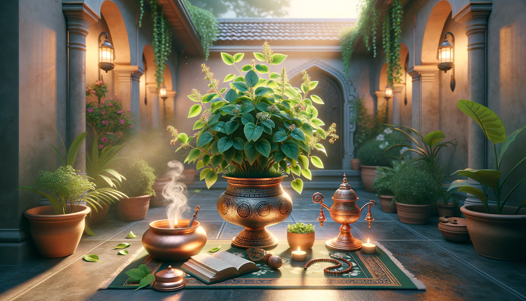 Sunlit courtyard with a lush tulsi (holy basil) in an ornate brass pot, surrounded by copper ayurvedic vessels, a steaming decoction, candle, prayer beads, and potted herbs lining arched walls.