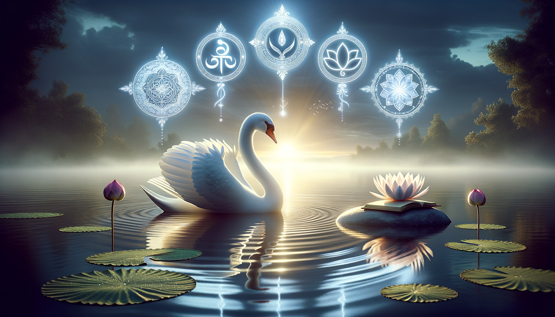 Sunrise over a misty lake with a white swan, lily pads, and a lotus resting on an open book; luminous sacred-geometry symbols hover above the water, creating a serene, meditation-inspired scene.
