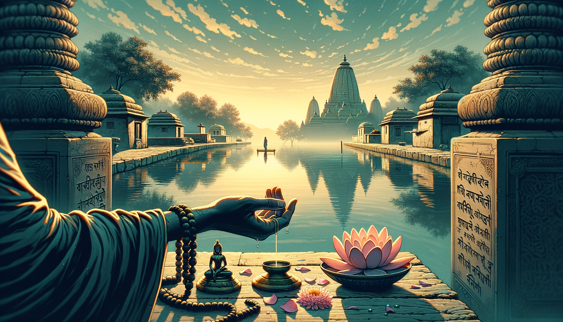 Sunrise over a riverside temple complex; a hand pours water in a quiet ritual beside a lotus, prayer beads, and brass cups, as domed shrines and steps reflect on a calm, misty river.