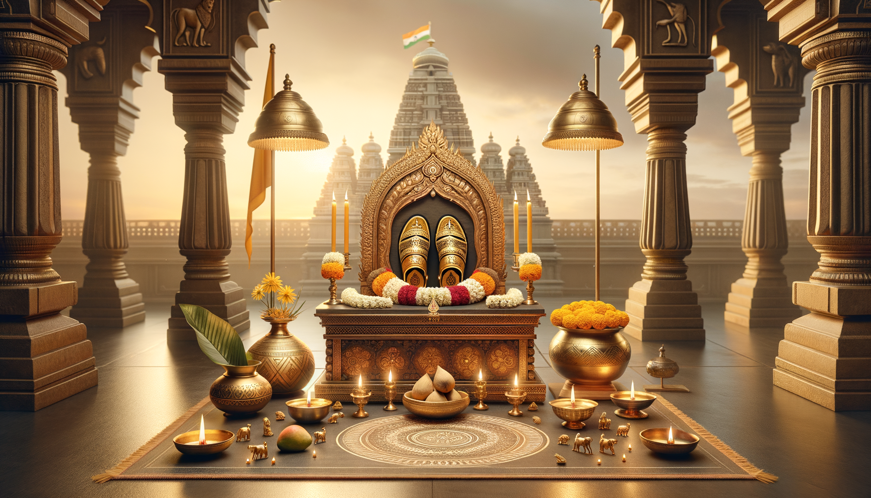 Ornate Hindu temple altar at sunrise with golden paduka sandals, marigold garlands, brass lamps, rangoli and offerings, framed by carved stone pillars and a shikhara crowned with the national flag.