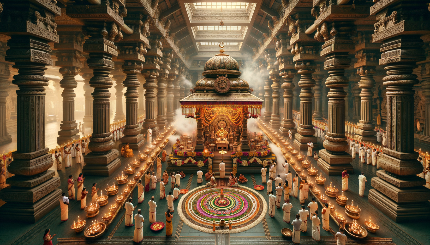 Grand temple hall with towering carved stone pillars, a flower-draped central shrine, circular rangoli, long rows of oil lamps, and participants in traditional attire amid incense and skylight; {post.categories} culture and festival.