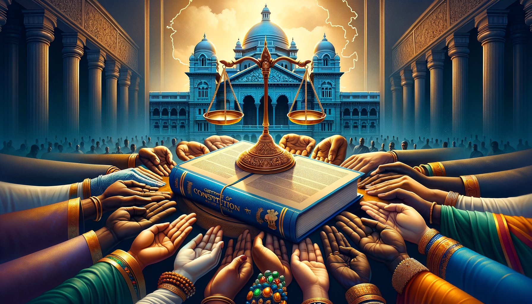 Golden scales of justice rest on a large blue Constitution book, encircled by many outstretched hands before a domed courthouse and glowing India map, symbolizing judiciary, democracy, and civic participation.