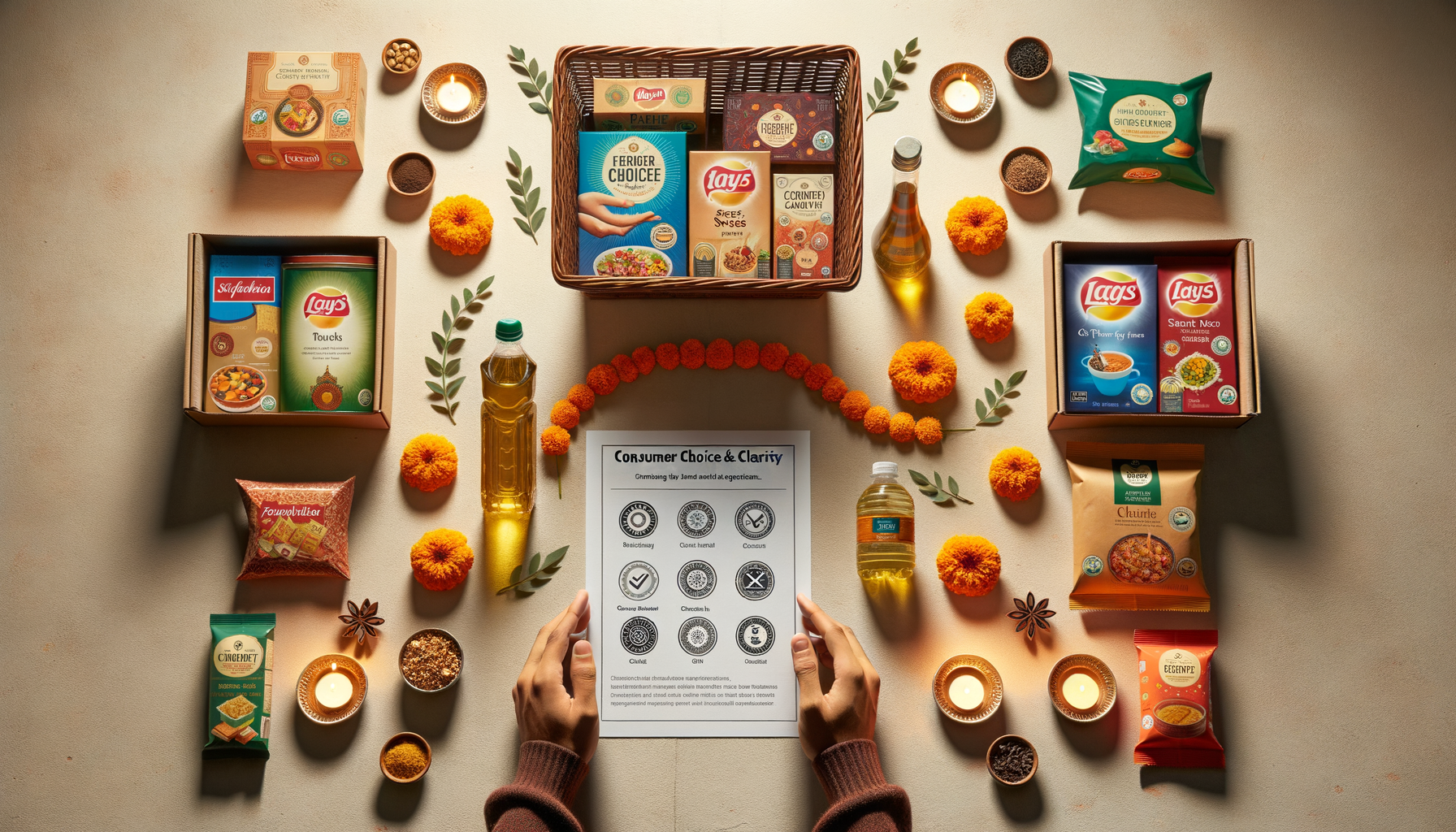 Flat-lay of an Indian festive hamper: assorted packaged foods, snack boxes, edible oil bottles, diyas and marigold flowers surround a sheet titled 'Consumer Choice & Clarity' about food labeling.