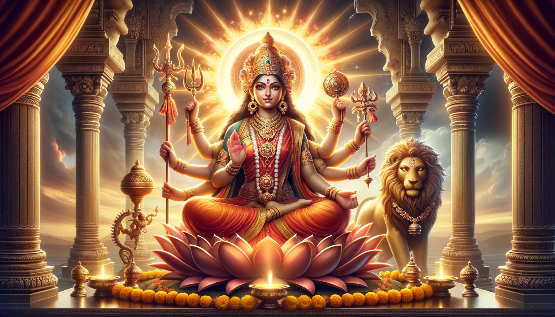 Illustration of the Hindu goddess Durga seated on a pink lotus in a temple, haloed with radiant light, holding trident, discus, conch and other emblems, a lion beside her, with lamps and marigolds glowing.