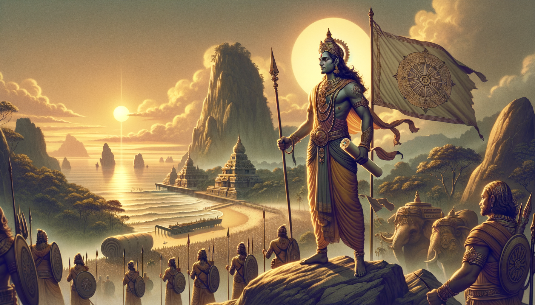 Blue-skinned warrior stands on a rocky rise with spear and scroll, a dharma-wheel flag behind. Below, soldiers, elephants, and temples line the shore as a stone sea bridge gleams at sunset.