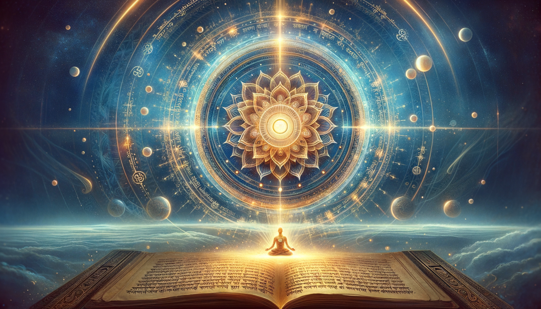 Celestial mandala of sacred geometry glows above an open Vedic book, with a small meditating figure centered beneath as planets and symbols orbit across a deep blue cosmic sky.