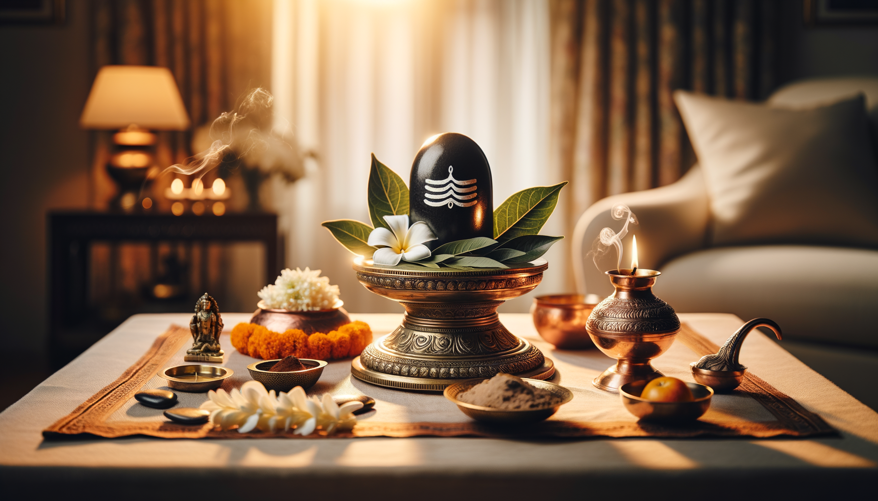 Home puja setup with a polished Shiva Lingam on an ornate brass pedestal, framed by bilva leaves and white flowers, with incense smoke, a brass diya, copper vessels, kumkum, and fruit in warm evening light.