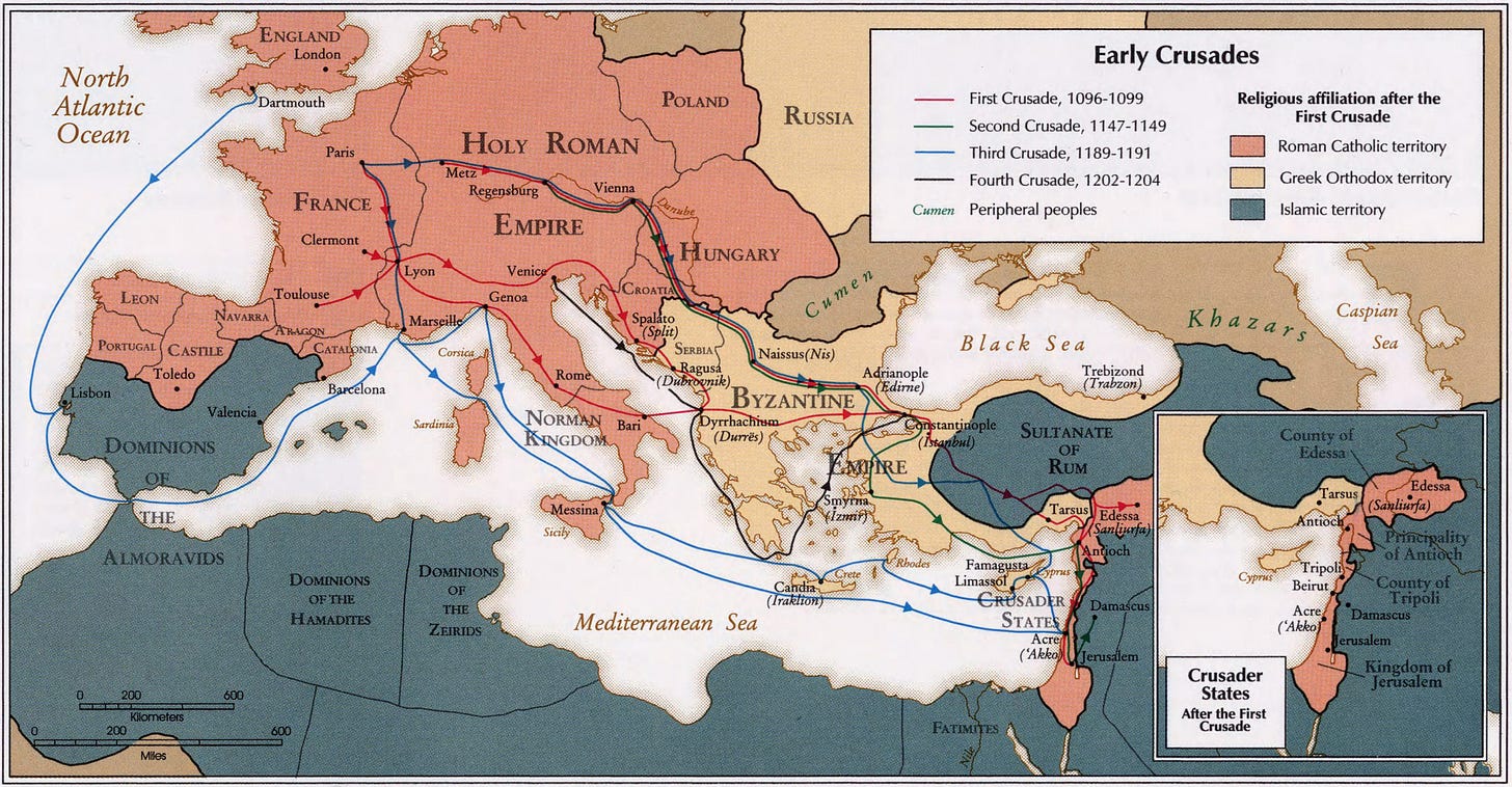 Early Crusades map showing routes of the First, Second, Third and Fourth Crusades across Western Europe, the Byzantine Empire and the Levant, with a color legend and an inset of the Crusader States.