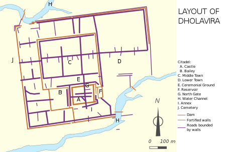 Plan of a Saraswati‑Sindhu (Indus Valley) city showing walled sectors, grid streets, gates, and water reservoirs; purple marks roads, orange walls, blue water, with north arrow and 100 m scale.