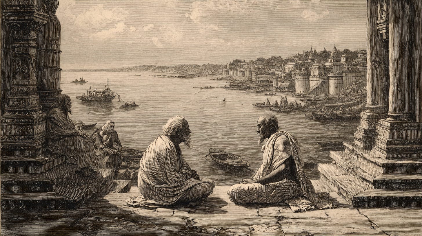 Antique engraving of two elders in robes conversing on stone steps by a wide river, with boats, ghats, and temple towers lining a bustling riverside city in the distance.