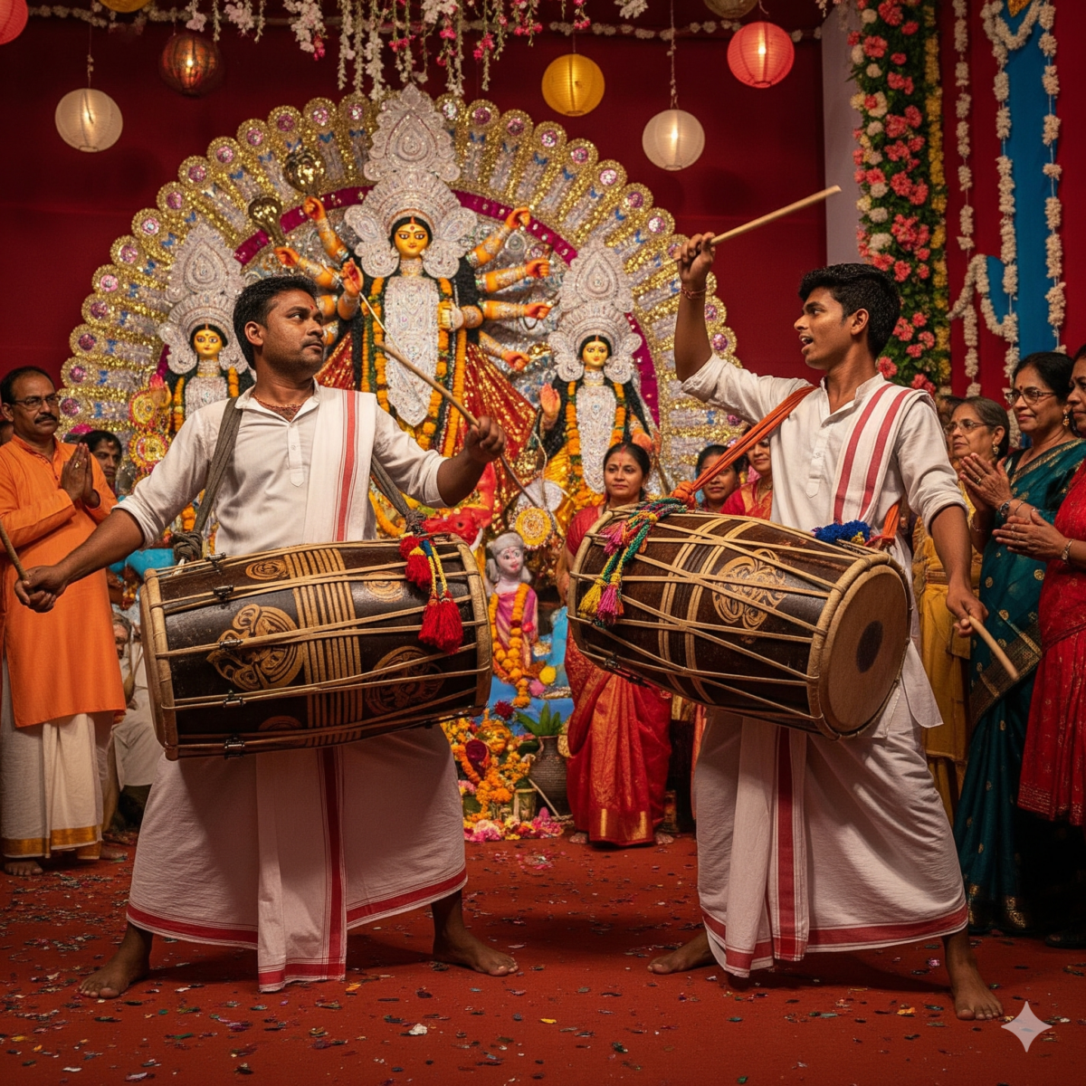 Durga Puja pandal with a glittering Durga idol and two dhakis drumming as devotees watch; a scene connected to Kola Bou Nabapatrika, Shakti, Prakriti, and SacredNature resilience.