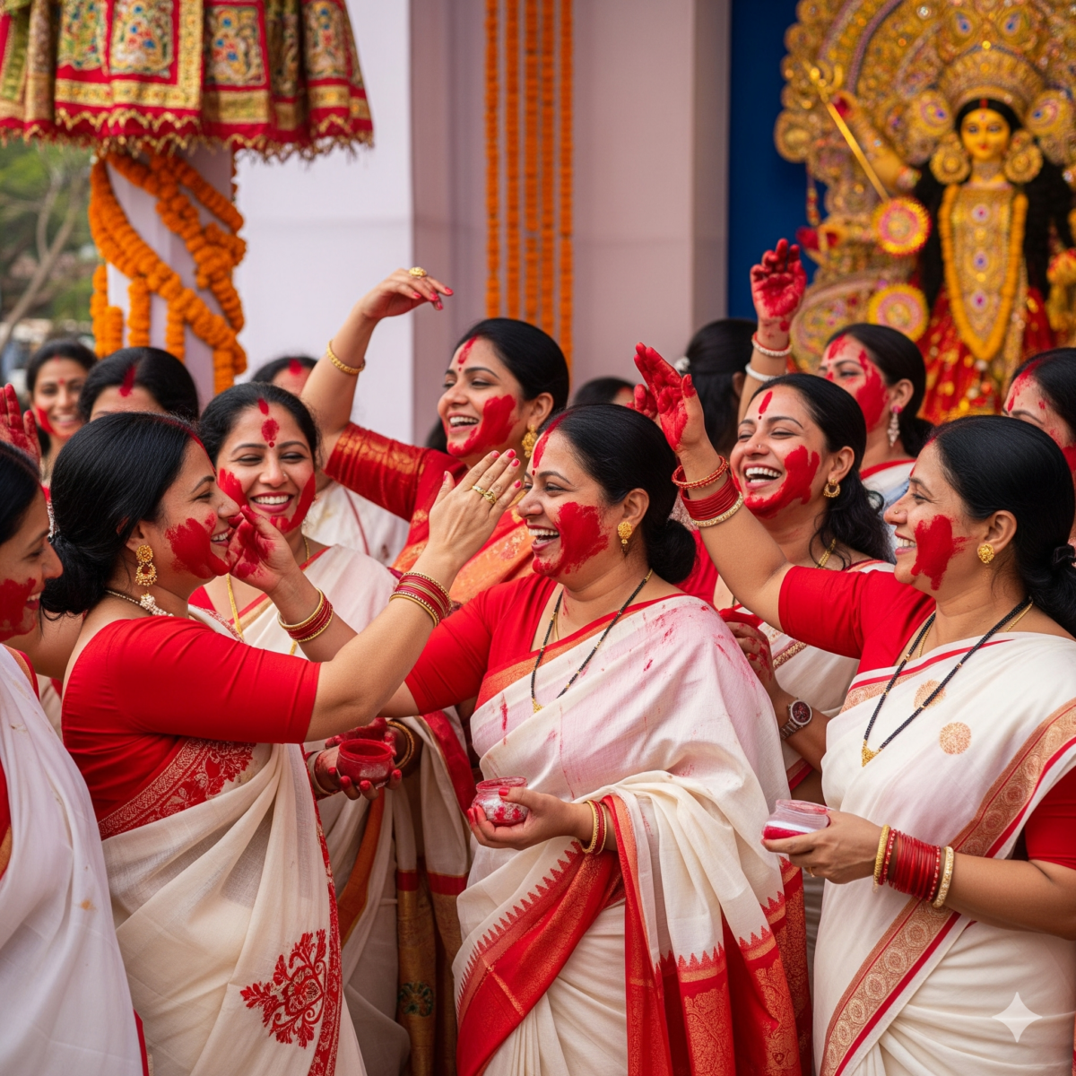 Women in red-and-white sarees joyfully smear sindoor during Durga Puja, standing before a gold Durga idol; a vivid celebration of community, Shakti, and SacredNature.