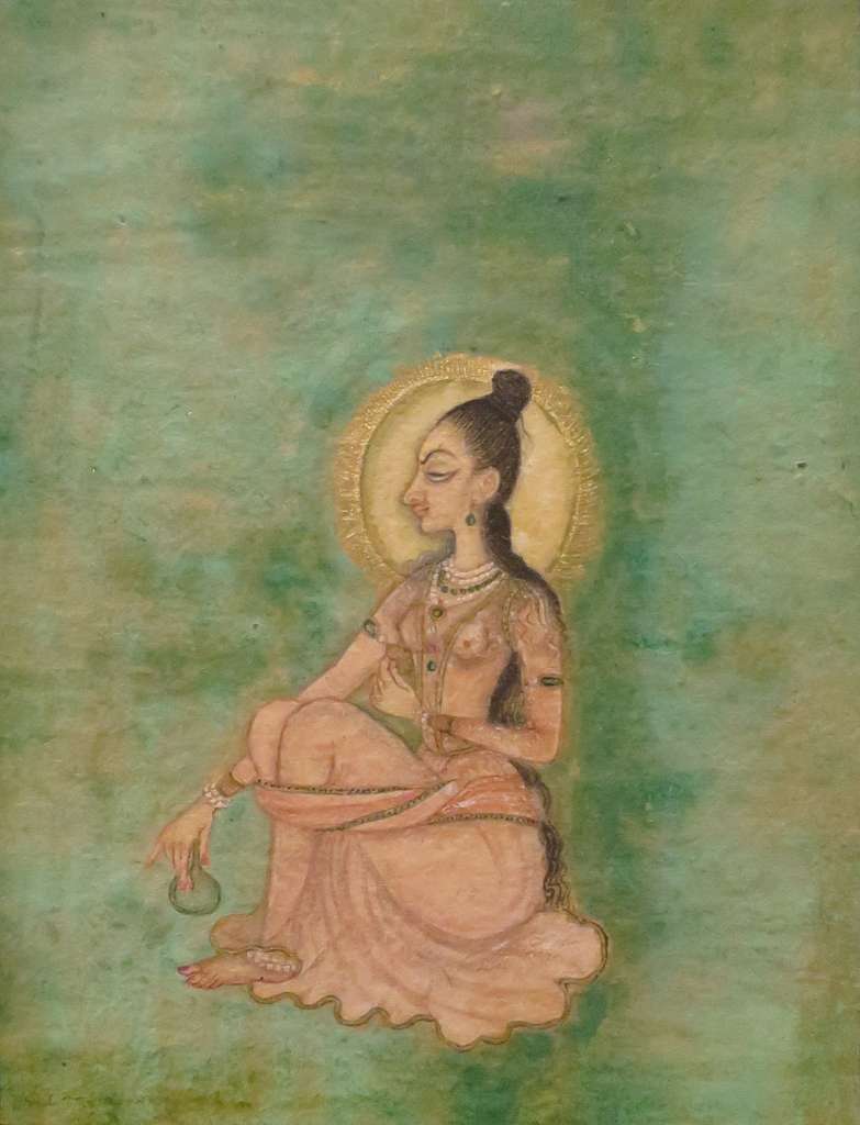 Indian miniature-style painting of a seated woman saint with a golden halo, simple jewelry, and a small water pot, set against a mottled green background; evokes Shakti, devotion, and bhakti practice.