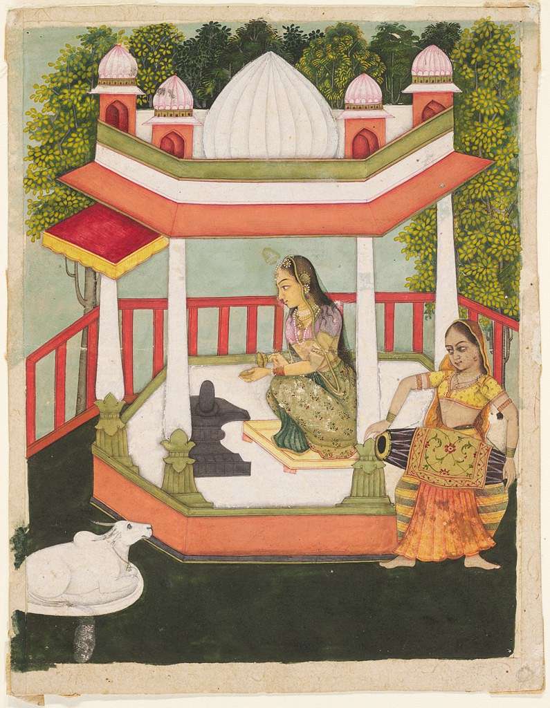 Indian miniature of a woman offering water to a Shiva lingam in a small pavilion, a musician at right and Nandi the bull outside; lush trees and a domed shrine frame this devotional scene.