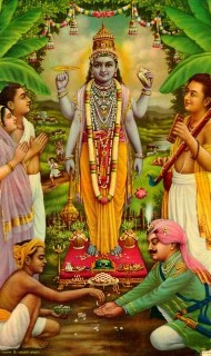 Devotional painting of a blue-skinned Hindu deity on a decorated shrine, holding sacred symbols, as devotees offer flowers and prayers beneath banana leaves; ideal for spiritual Articles on worship and surrender.