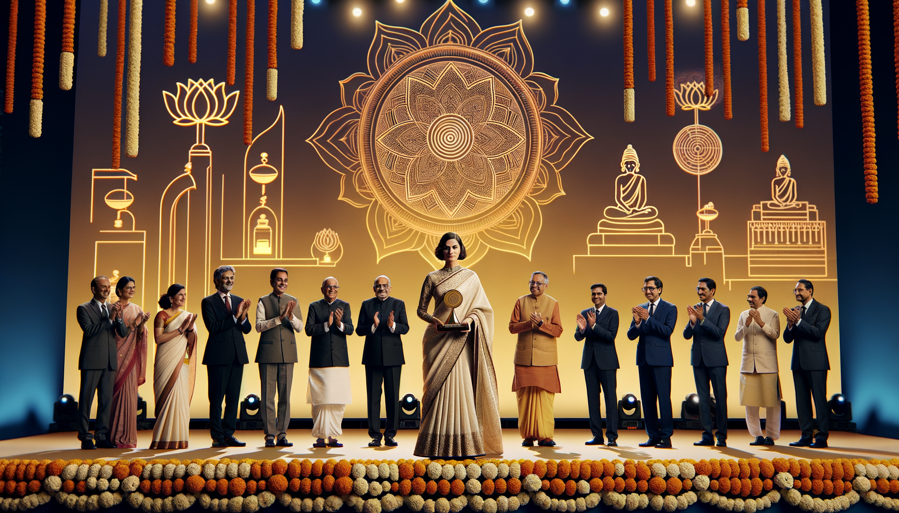 On a ceremonial stage, a woman in a gold saree holds an award as dignitaries applaud; marigold garlands and a glowing mandala-lotus backdrop frame the moment, honoring {post.categories}.