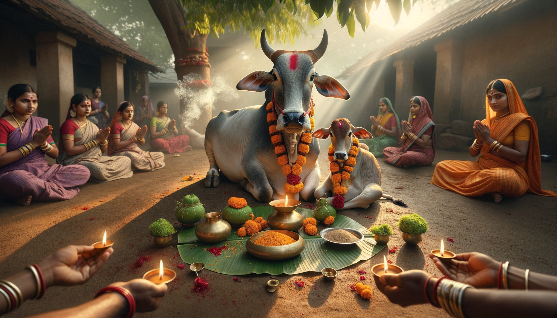 Women in colorful saris pray around a garlanded cow and calf; diyas glow beside brass vessels, marigold flowers, and spices on a banana leaf in a shaded rural courtyard during a Hindu festival.