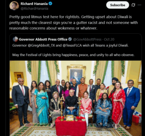Screenshot of a tweet criticizing right-wing outrage over Diwali, above a formal group photo from a Diwali celebration, with attendees in colorful attire, diyas, rangoli, flags, and a portrait in a grand room.