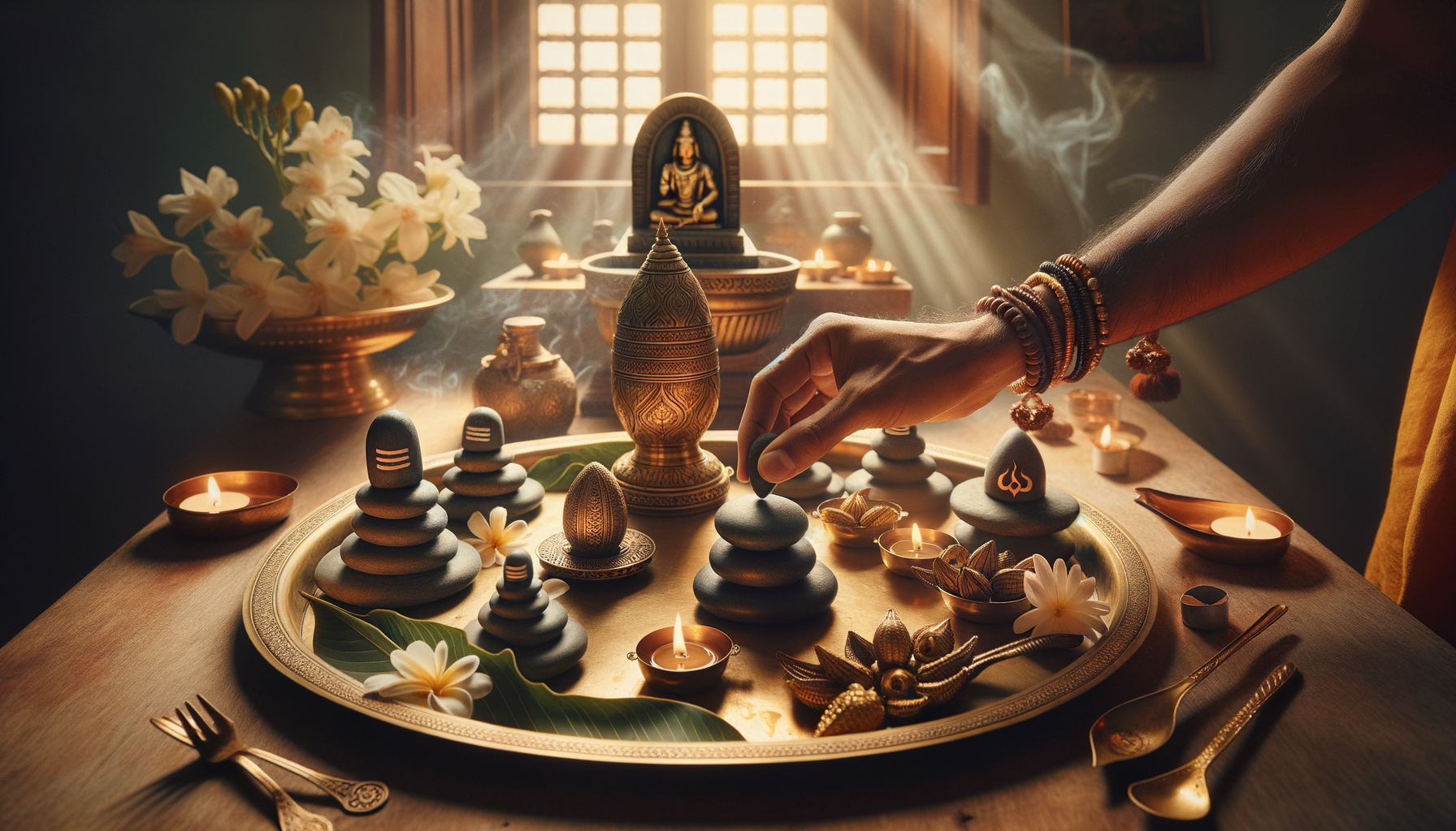 Hand arranging stone Shiva lingams on a brass puja tray with lit diyas, flowers, and incense, sunlight streaming through a window onto a serene Hindu home shrine with ornate vessels.