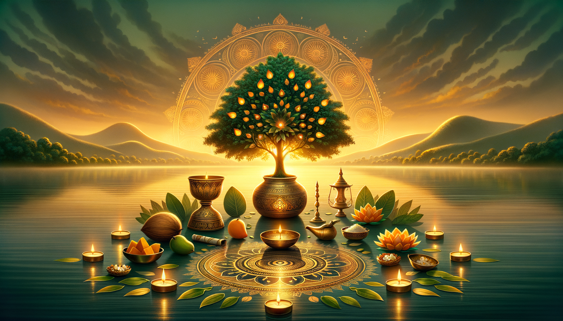 Sunlit ritual altar by a tranquil lake: sacred tree in engraved urn, ringed by diyas, lotus flowers, fruits, brass vessels, and a mandala rangoli; serene mindfulness, meditation, spirituality, calm.