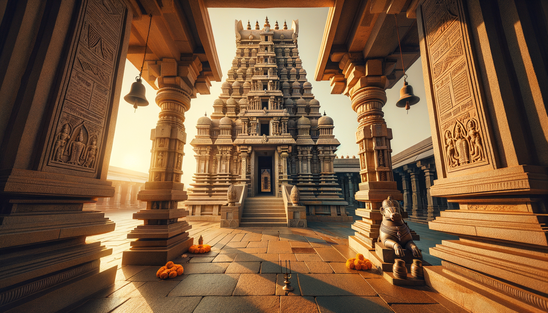 Sunlit stone Hindu temple with ornate Dravidian gopuram, framed by carved pillars and hanging bells; steps lead to the sanctum, with a Nandi statue, marigold offerings, and a brass lamp on the courtyard.