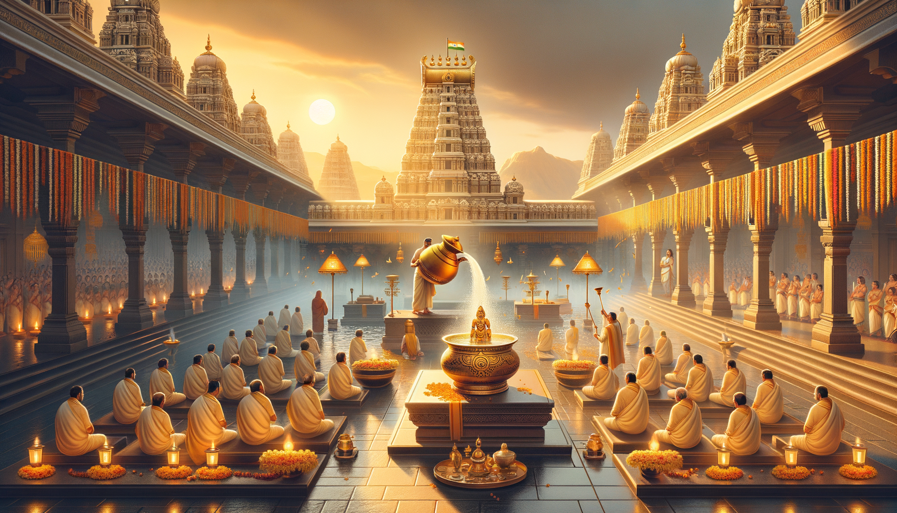 Golden-hour view of a grand Indian temple courtyard where priests in white perform abhishekam, pouring consecrated water over a deity idol amid oil lamps, marigold garlands, and towering gopuram spires.