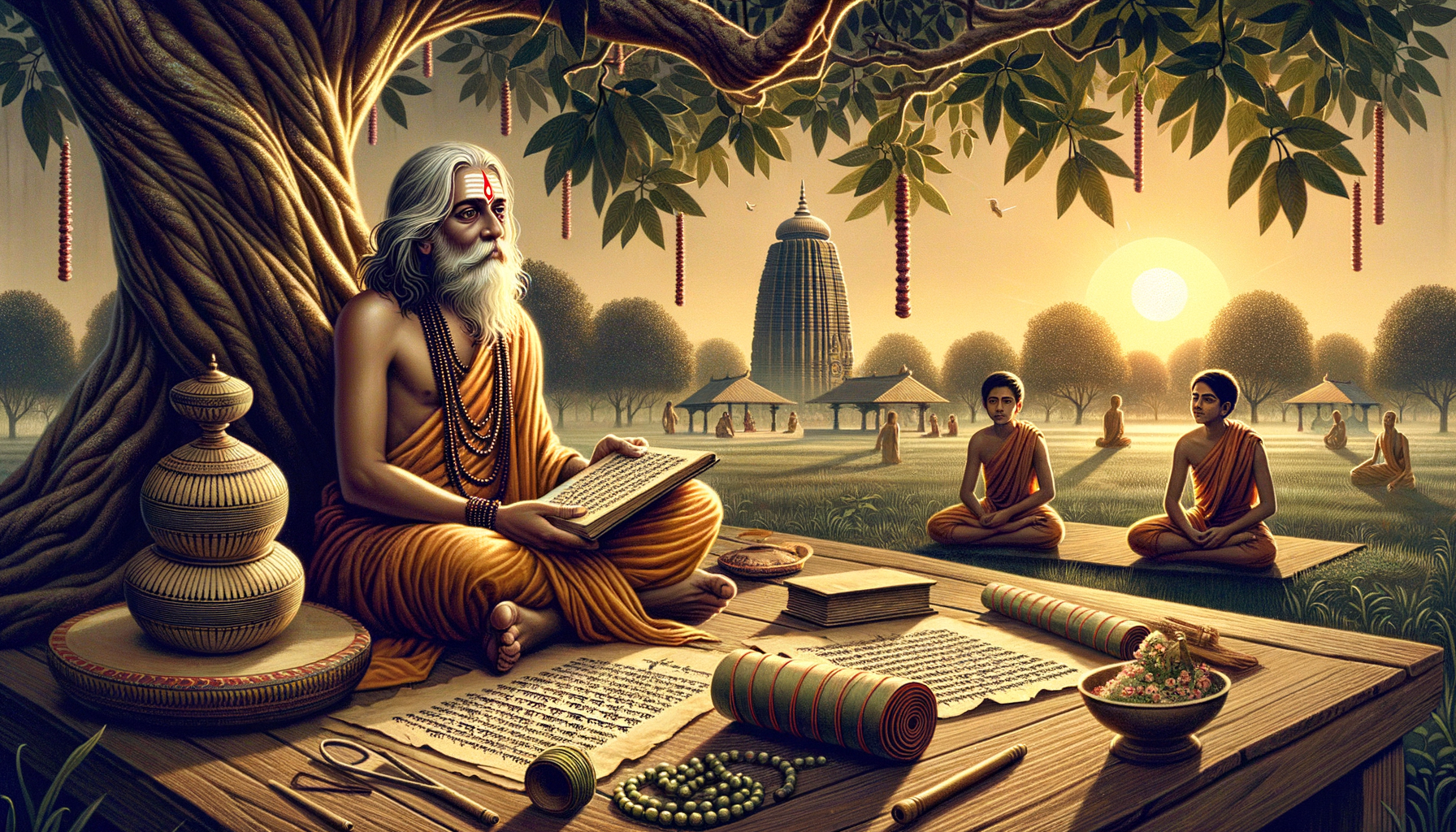 Illustration of a sage teaching two young disciples in a forest gurukul beneath a banyan tree, with palm‑leaf manuscripts, scrolls, beads, and a sunrise‑lit temple—ancient India, learning, {post.categories}.