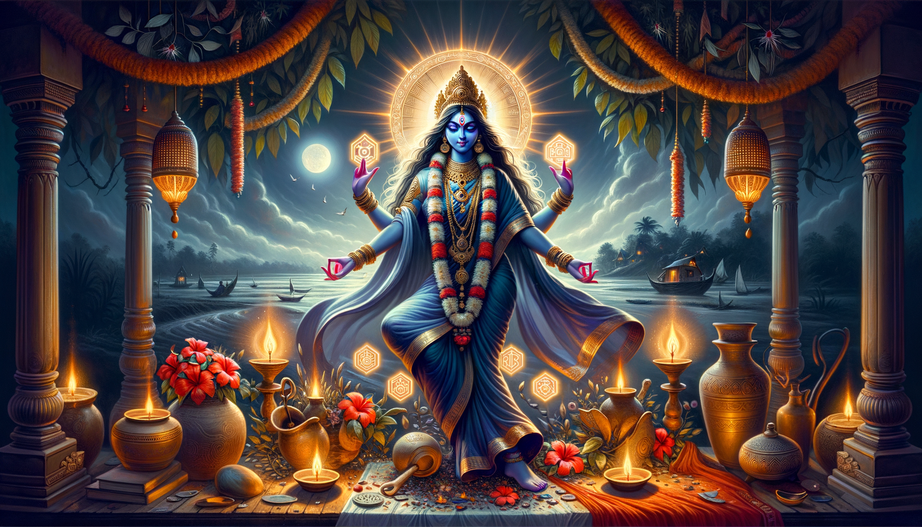 Illustrated Hindu goddess with blue skin and four arms, haloed beneath a full moon, framed by marigold garlands, diyas, hibiscus, and carved vessels on a riverside temple veranda.