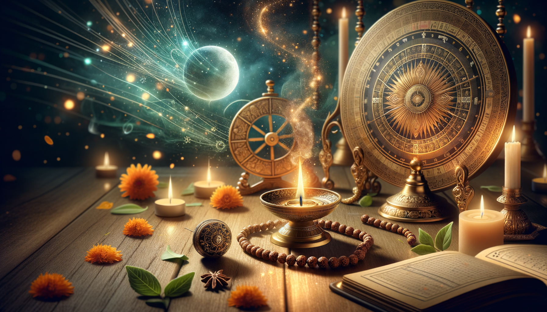 Golden zodiac wheels, astrolabe, candles, and prayer beads arranged on a wooden table beneath a starry sky, with swirling stardust, marigold flowers, leaves, and an open astrology book.
