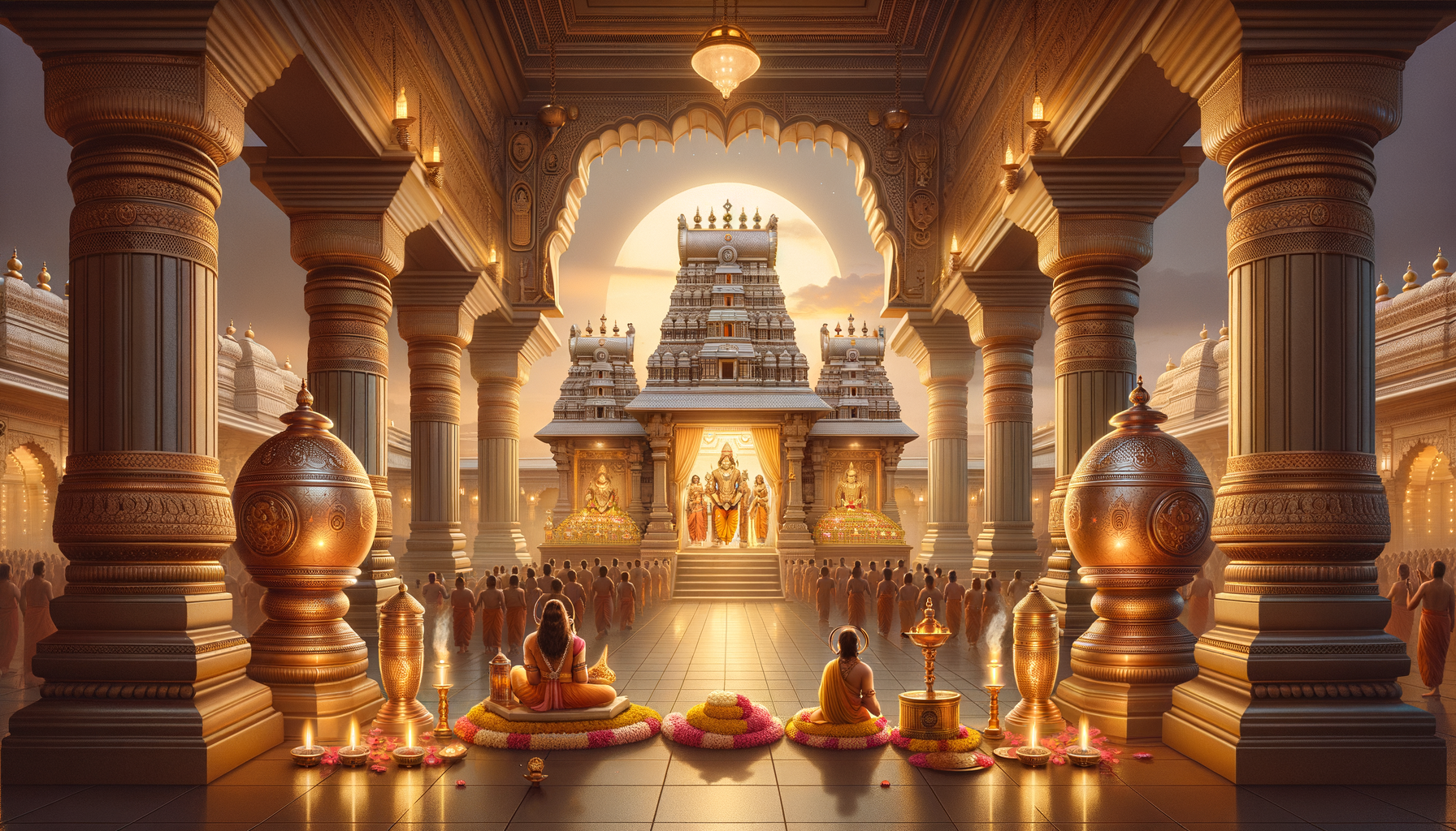 Ornate Hindu temple interior at sunset, with carved pillars, glowing oil lamps, and devotees facing an illuminated sanctum and tiered gopuram towers, showcasing ritual worship and sacred architecture.