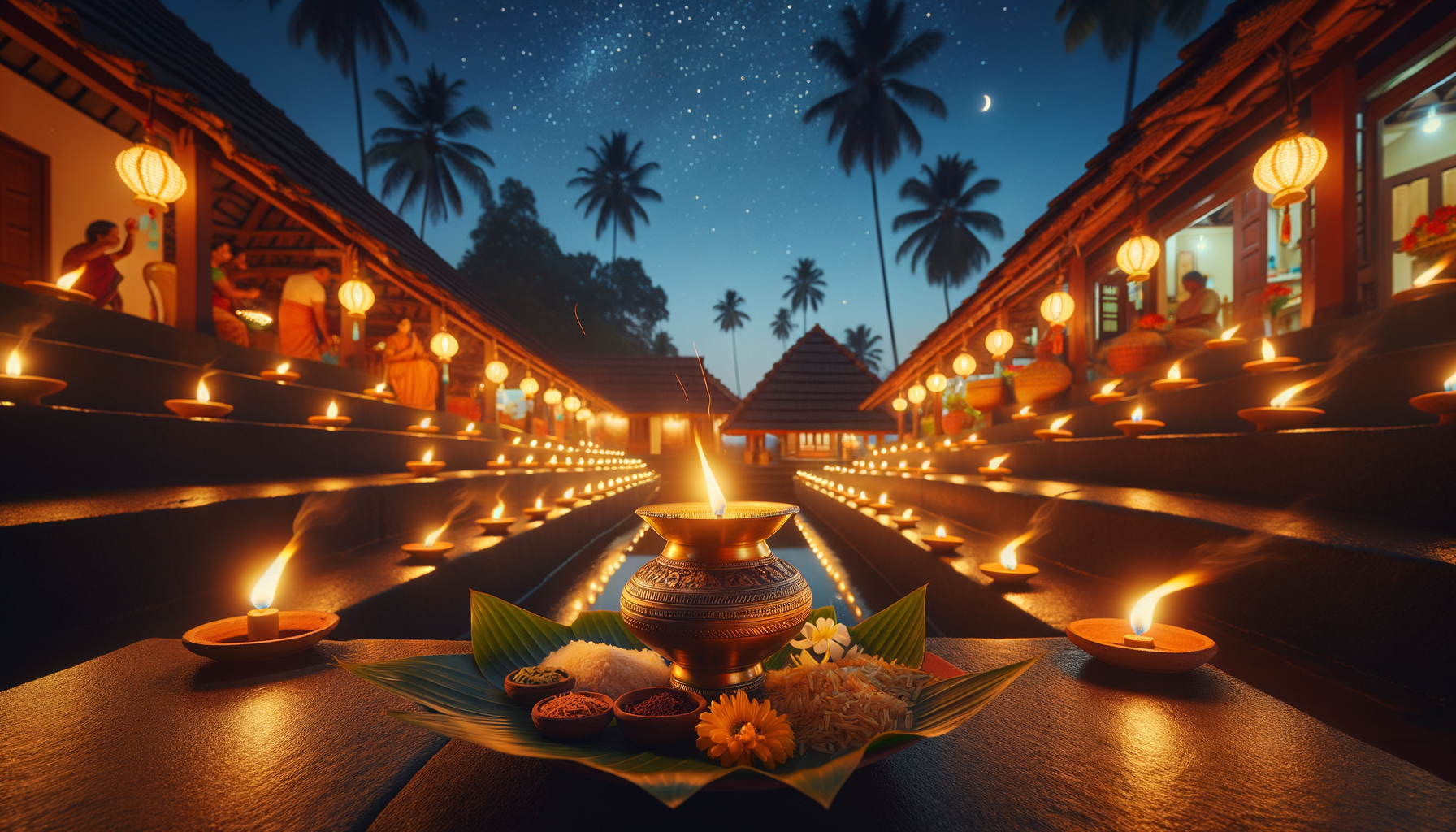 Rows of clay diyas and lanterns light a South Indian courtyard at night, with a brass kalash on banana leaves holding rice, spices, and flowers beneath palm trees and a crescent moon.