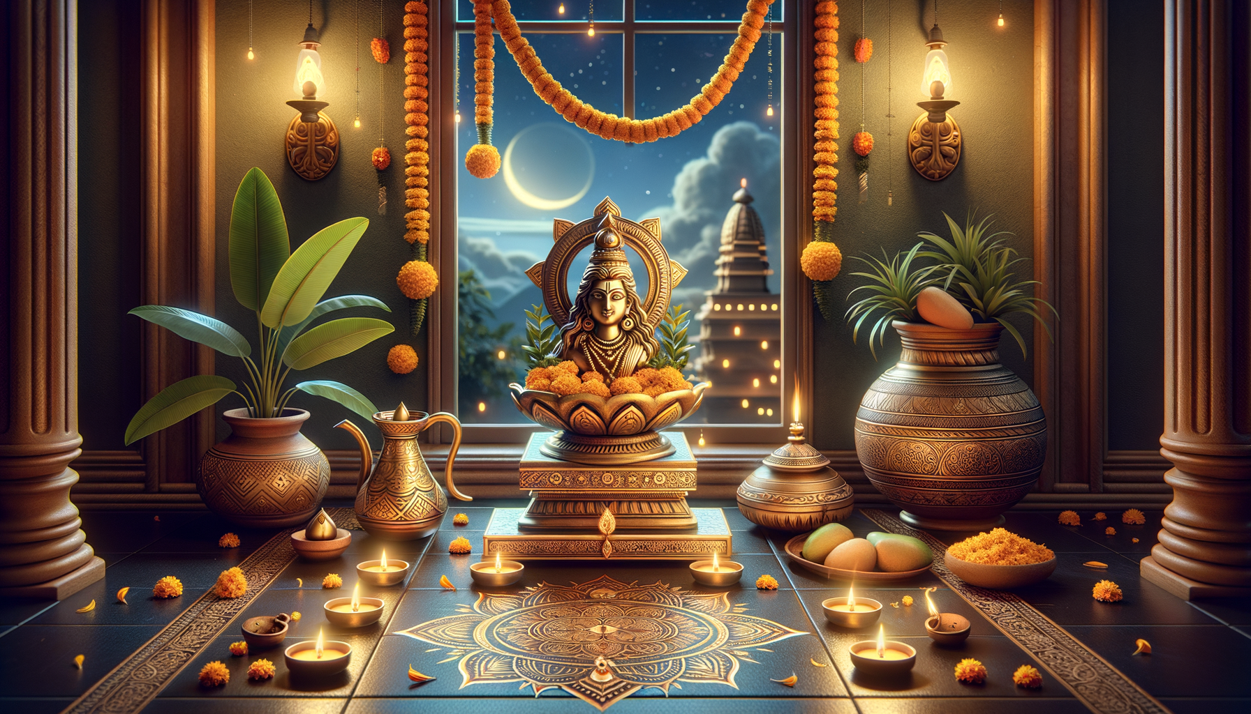 Festive home altar with brass deity statue, marigold garlands, oil lamps and rangoli, moonlit temple beyond the window, and traditional puja vessels and fruits creating a serene Hindu festival ambience.