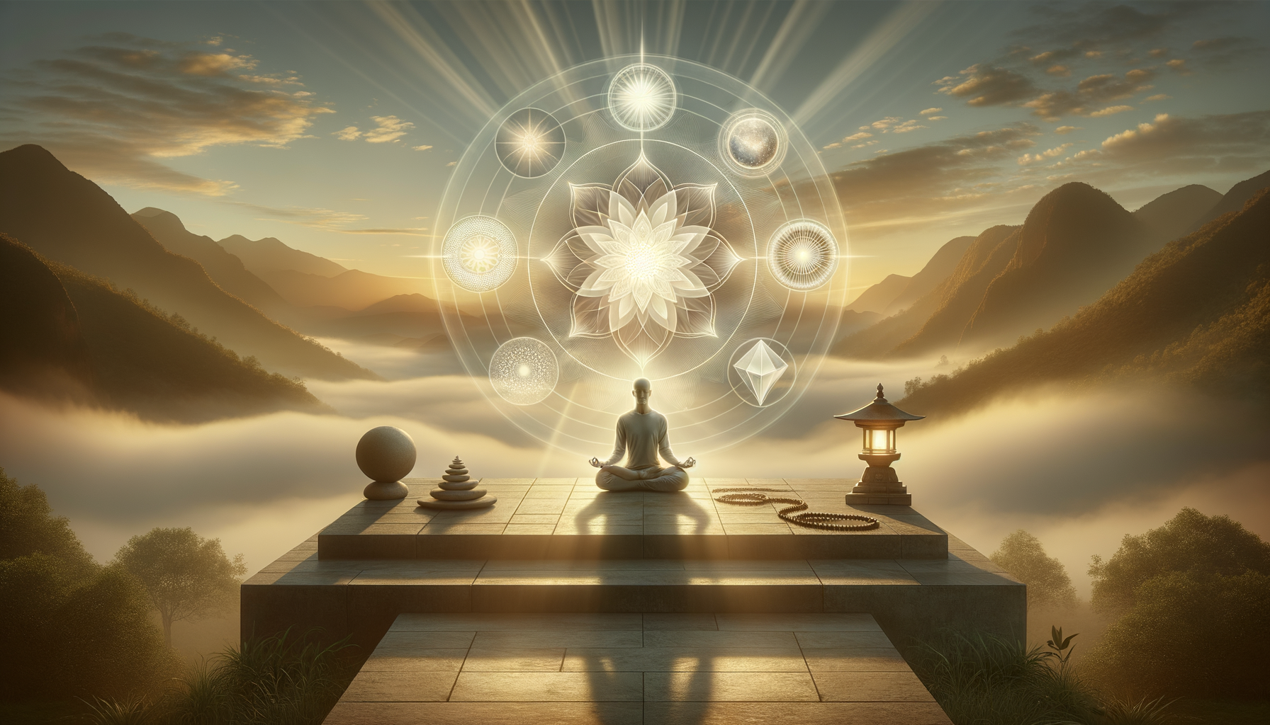 Serene sunrise over misty mountains with a lone figure meditating on a stone terrace, encircled by glowing sacred geometry symbols—an evocative scene for mindfulness, meditation, and wellness.