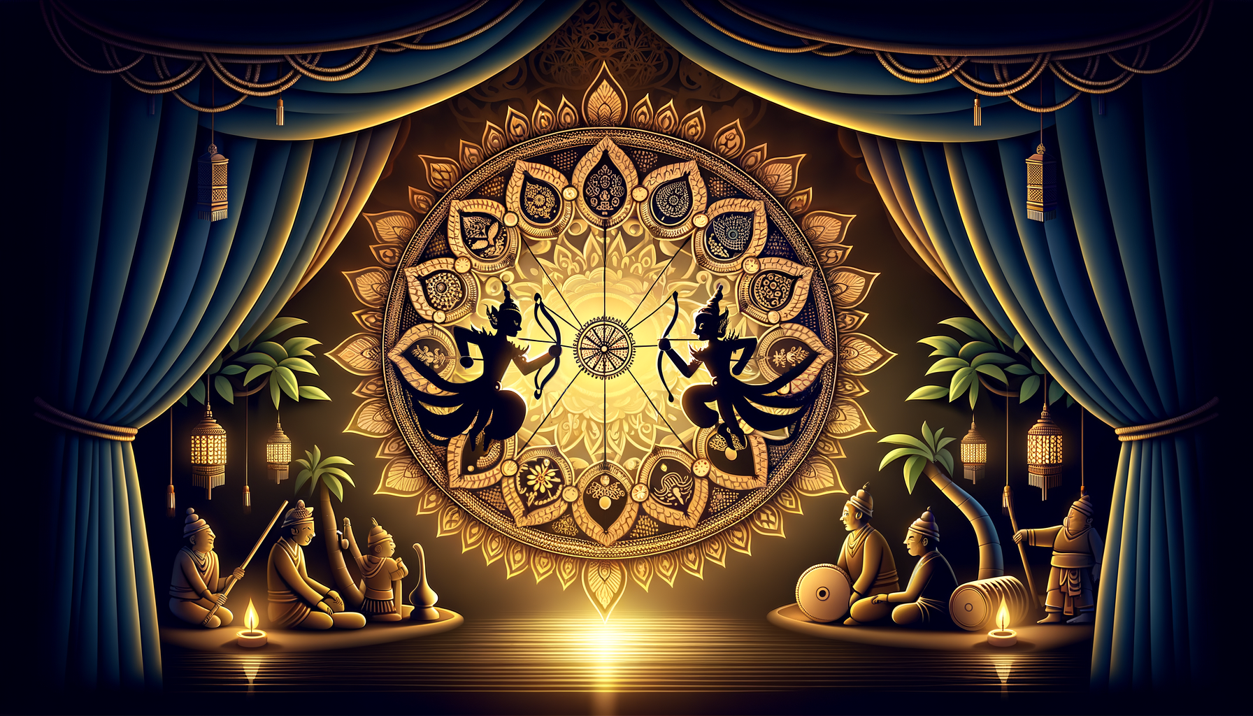 Ornate stage with teal curtains frames a glowing mandala wheel where two silhouetted archers face each other, while musicians, lanterns, palm trees, and oil lamps encircle the warm golden scene.