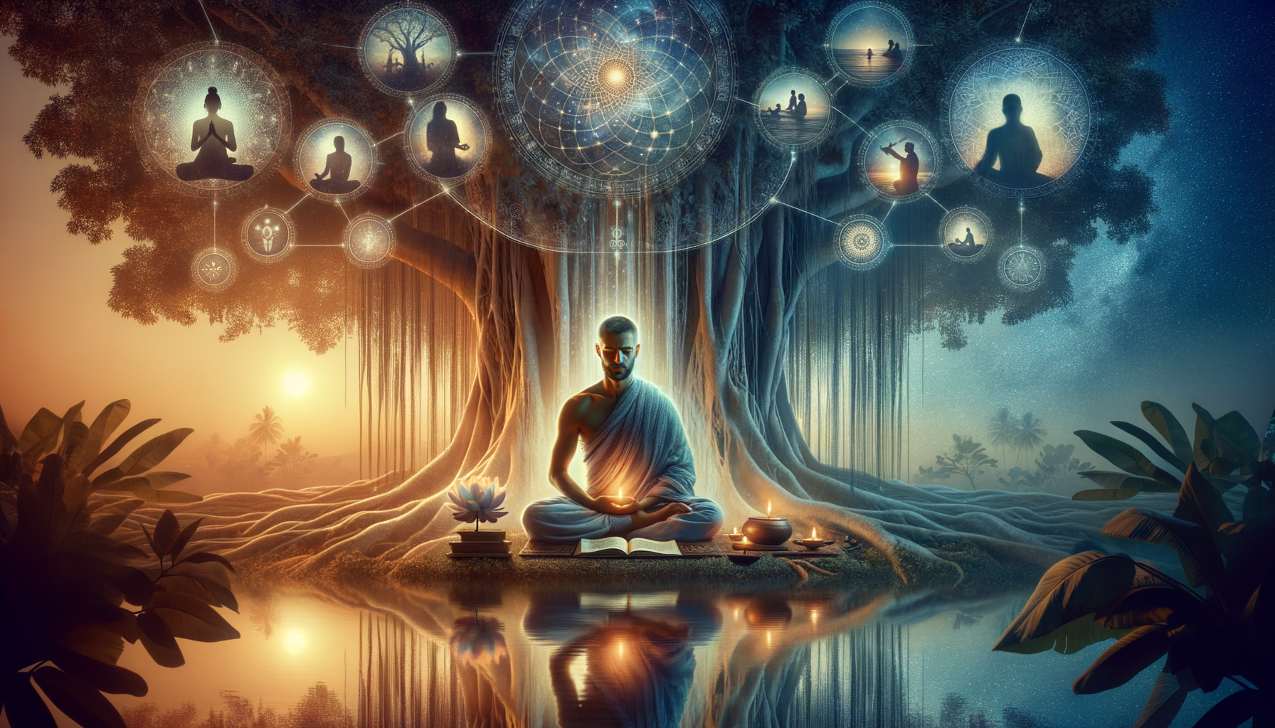 Serene figure meditating beneath an ancient banyan by a mirror-still lake at dusk, with candles, a lotus, and a celestial mandala of mindful poses above, evoking meditation, yoga, and spirituality.