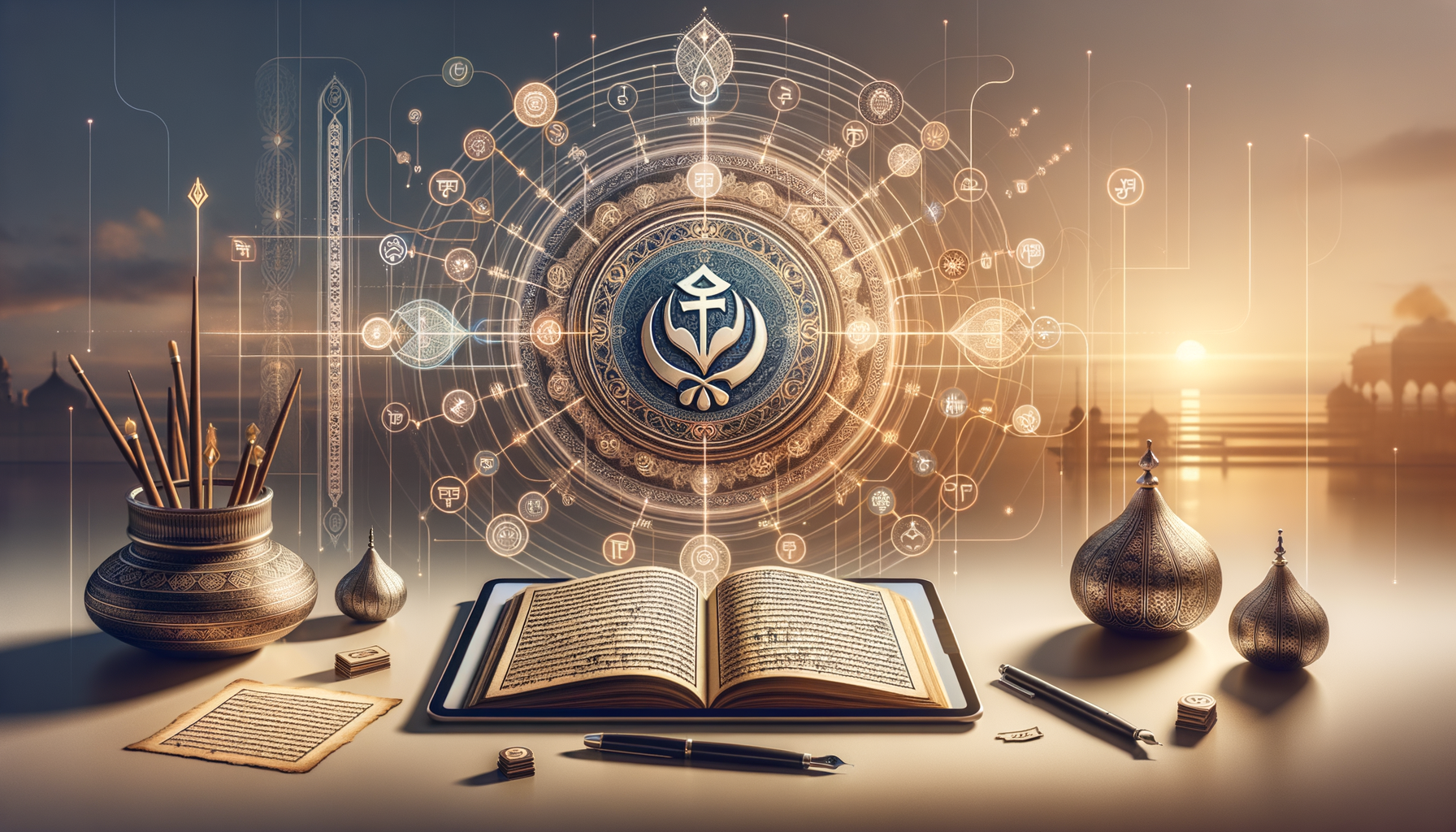 Open Arabic manuscript on a tablet, surrounded by fountain pens, parchment, and engraved metal vessels at sunset, with a glowing circular medallion linking cultural symbols and digital knowledge.