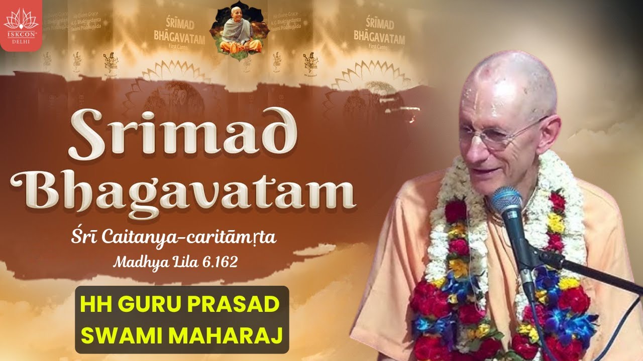 Poster for a morning class on Srimad Bhagavatam and Sri Caitanya-caritamrta (Madhya Lila 6.162) by ISKCON Delhi, showing a robed, garlanded speaker at a microphone beside devotional book art; testing.