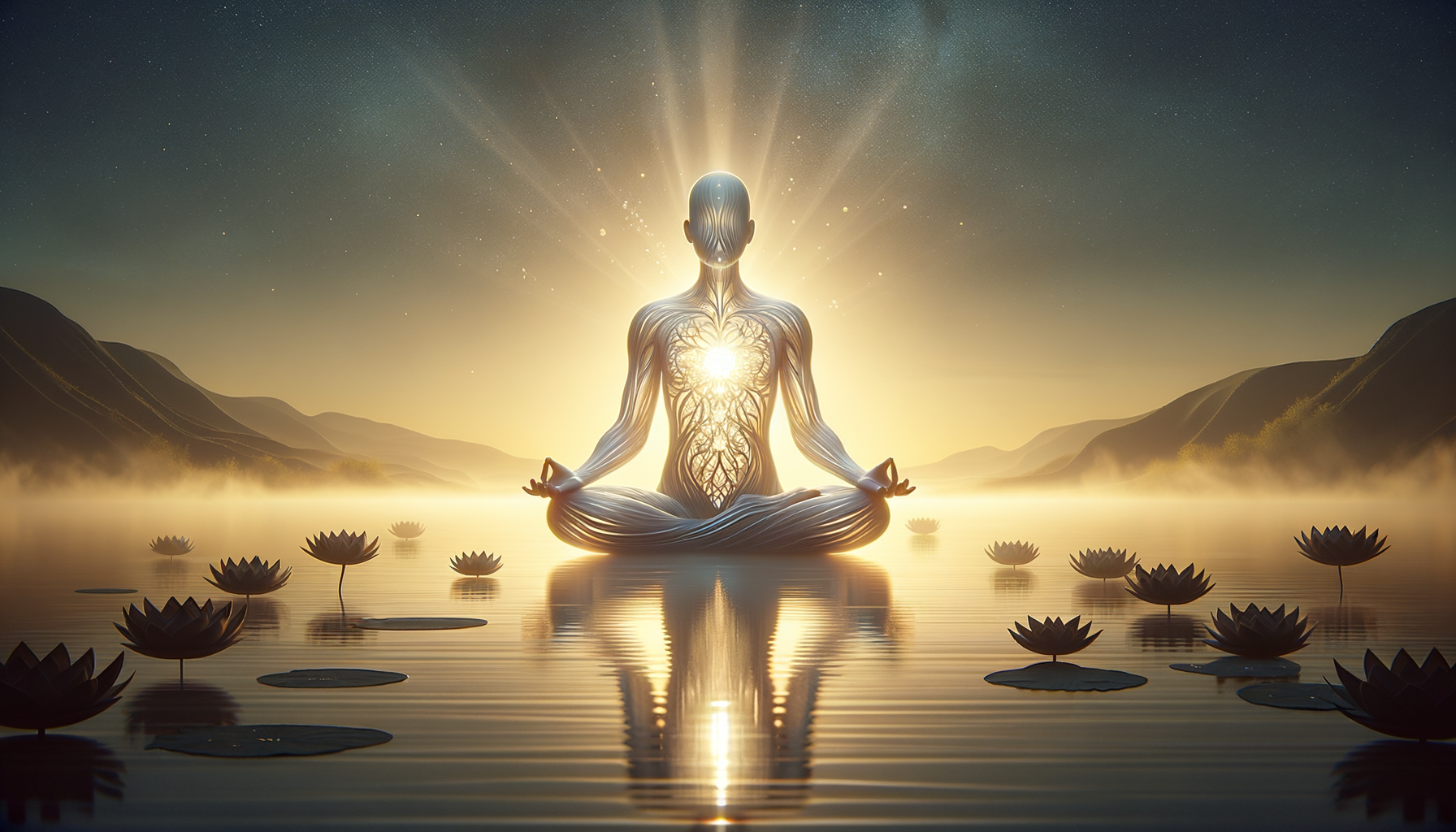 Radiant figure meditating in lotus pose on a tranquil lake at sunrise, heart light glowing, lotus flowers afloat, mist and mountains beyond—evoking calm, mindfulness, spirituality, {post.categories}.