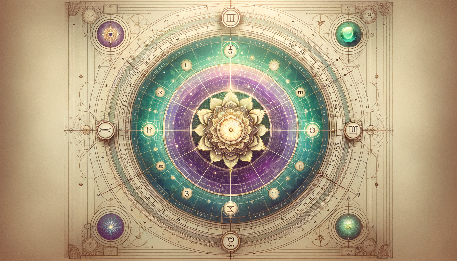Ornate astrology chart featuring a concentric zodiac wheel, lotus-like mandala center, planetary glyphs, and star map grids in teal and violet on parchment, ideal for horoscope and zodiac insights.
